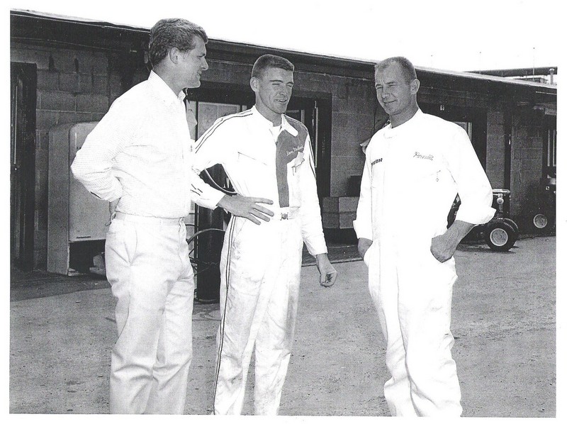 dave macdonbald and parnelli jones in Indy garage area in 1964